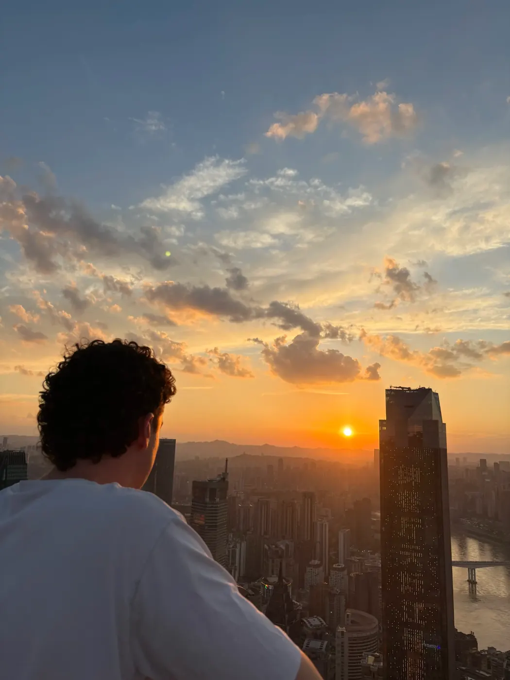 Sylvan looking out over a city skyline at sunset